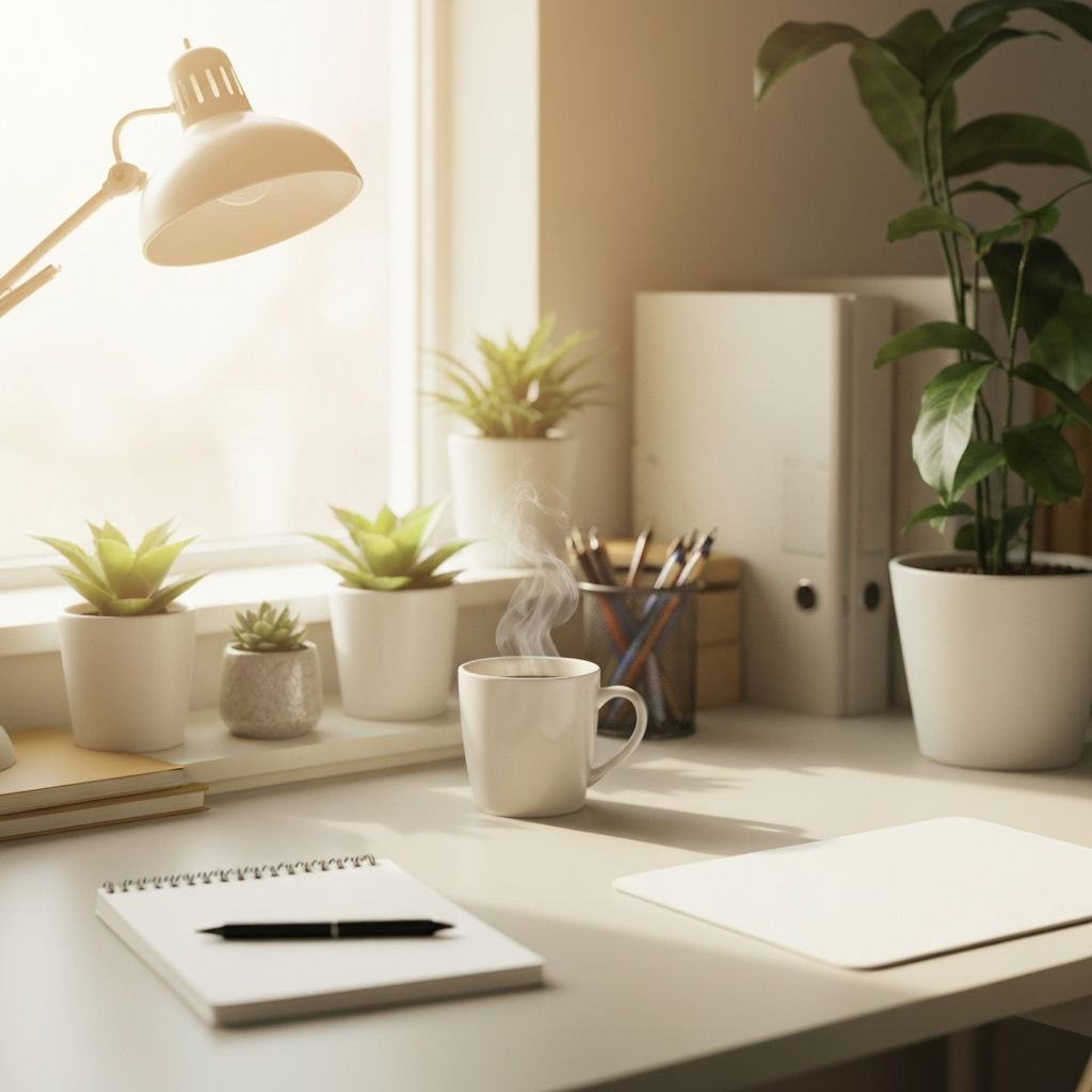 Workspace with notebook and coffee for learning